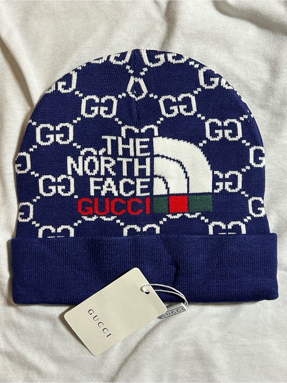 Gucci Navy, White, Red & Green Logo Knit Beanie